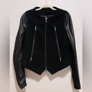 BCBG MAXAZRIA WOOL & VEGAN LEATHER CROPPED JACKET